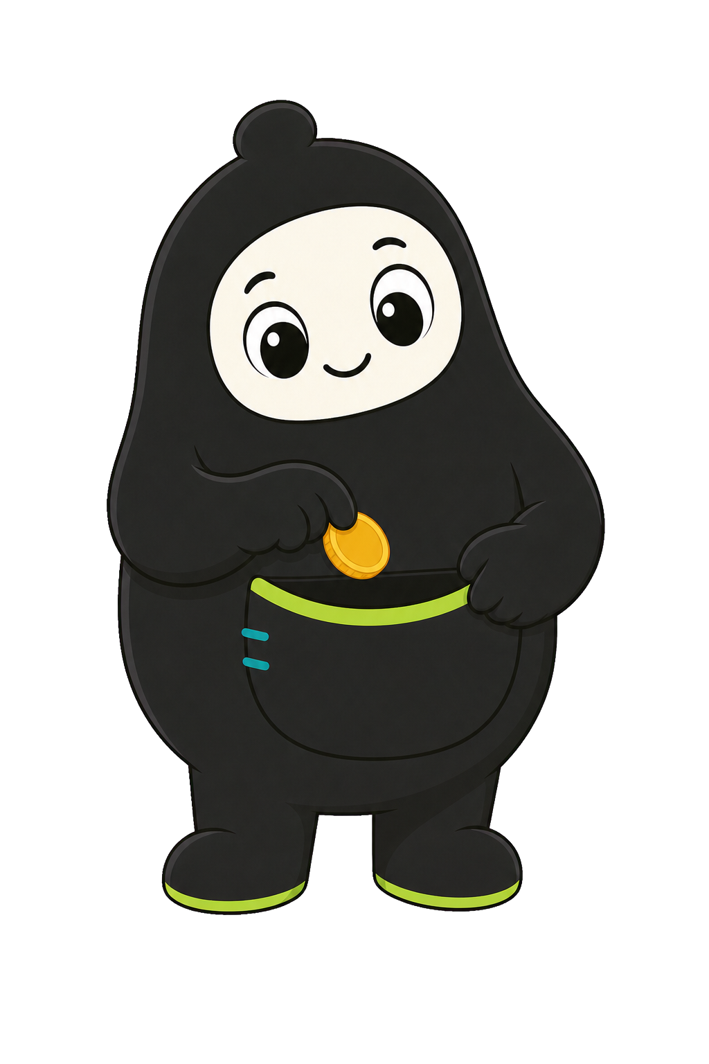 Pip, the Pockets companion, holding a coin