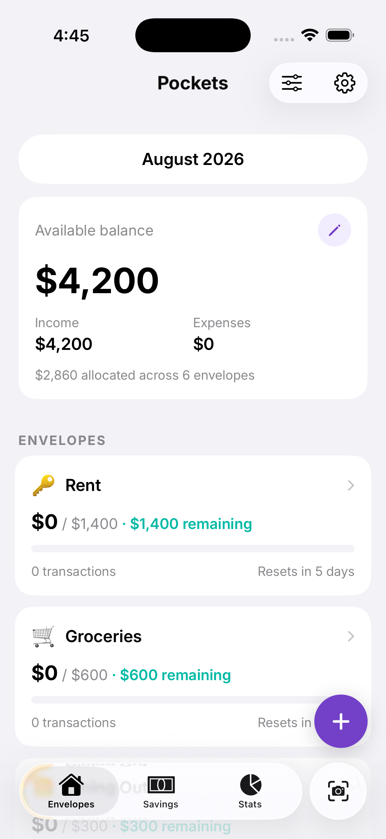 The real Pockets home screen showing an available balance and funded envelopes